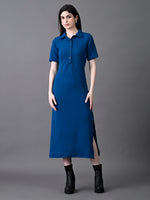 Thumbnail for Myshka Women's Elegant Blue Midi Dress With Collared Neckline