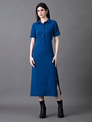 Myshka Women's Elegant Blue Midi Dress With Collared Neckline - Distacart
