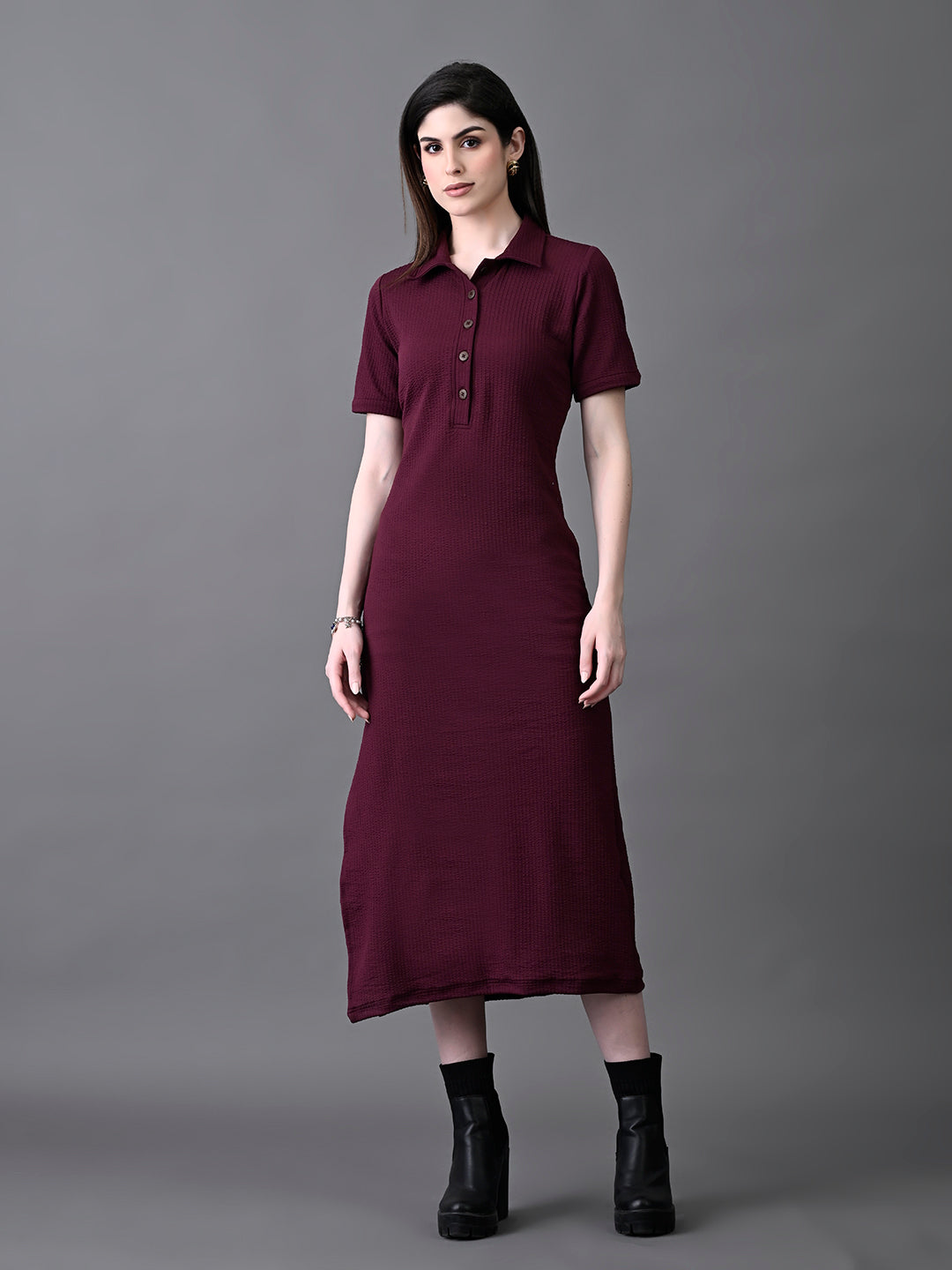 Myshka Women's Elegant Magenta Midi Dress With Collared Neckline - Distacart