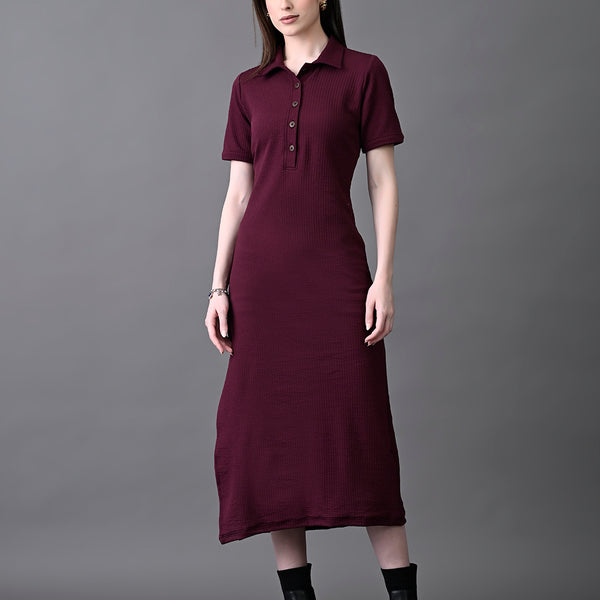 Myshka Women's Elegant Magenta Midi Dress With Collared Neckline - Distacart