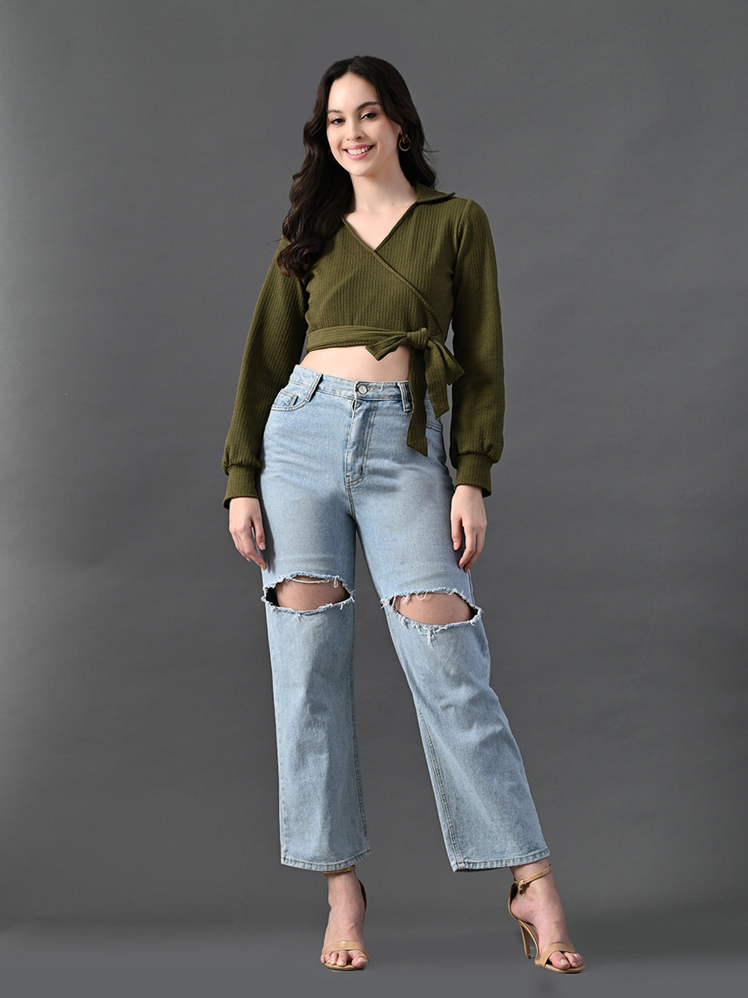 Myshka Women's Stylish Olive Green Wrap Crop Top With Full Sleeves - Distacart