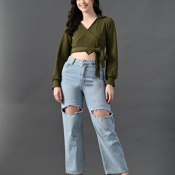 Myshka Women's Stylish Olive Green Wrap Crop Top With Full Sleeves - Distacart