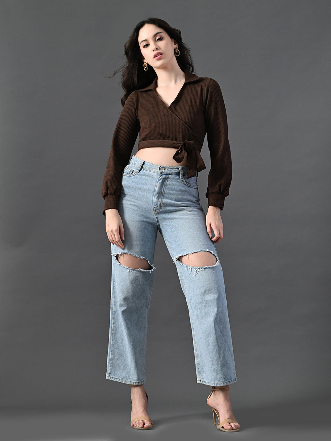 Myshka Women's Stylish Coffe Wrap Crop Top With Full Sleeves - Distacart