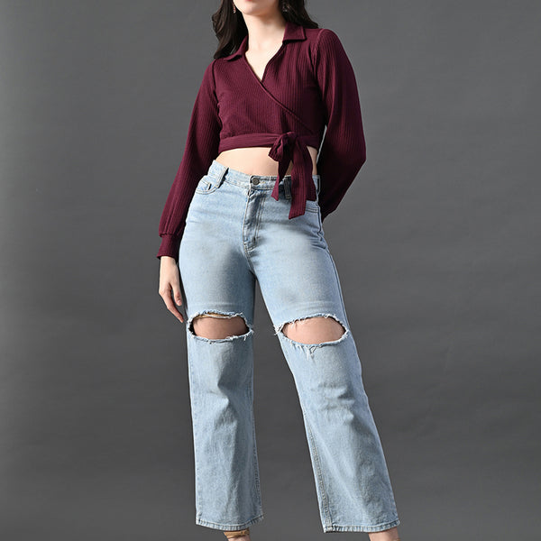 Myshka Women's Stylish Magenta Wrap Crop Top With Full Sleeves - Distacart