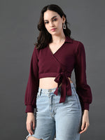 Thumbnail for Myshka Women's Stylish Magenta Wrap Crop Top With Full Sleeves