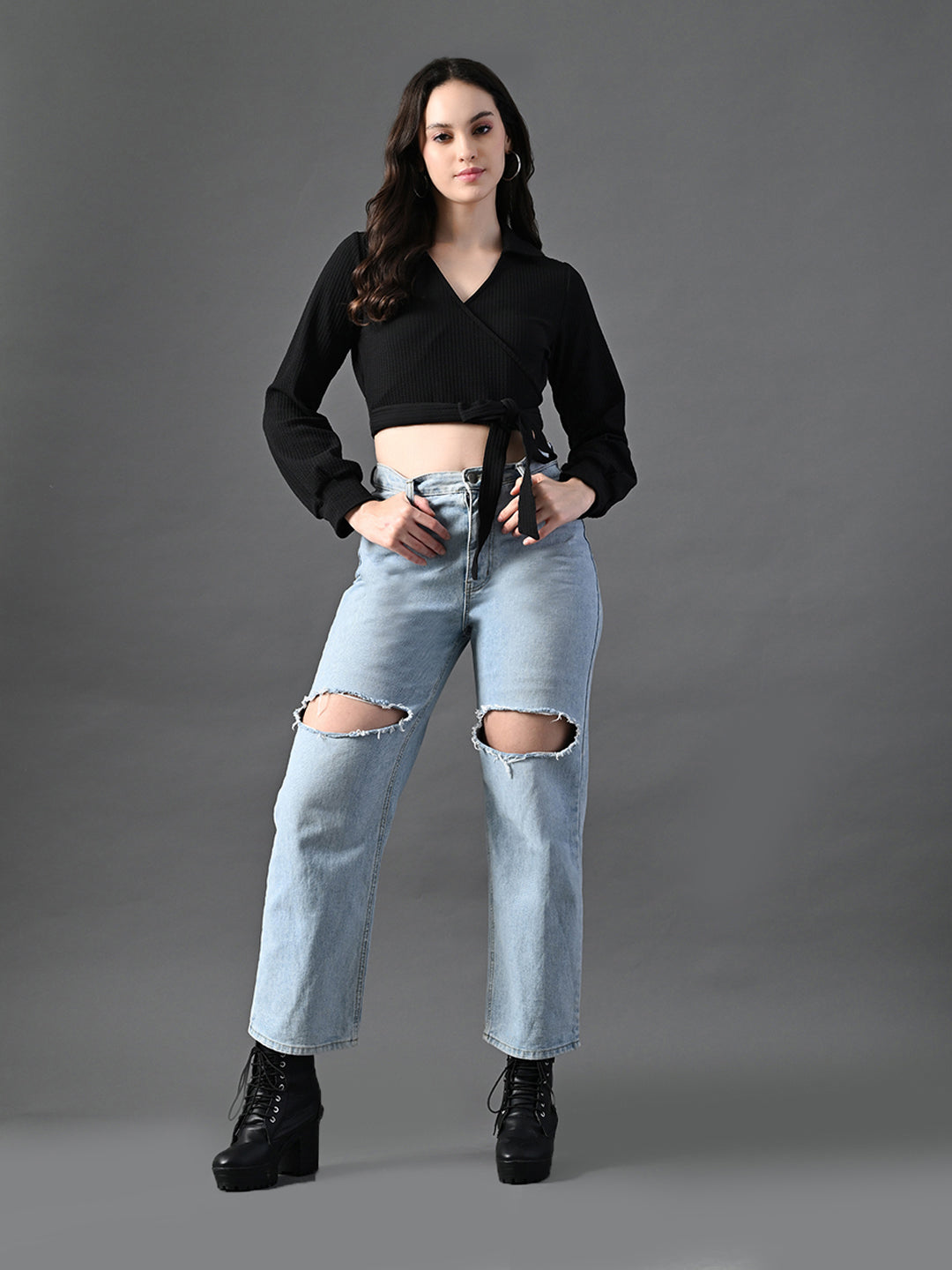 Myshka Women's Stylish Black Wrap Crop Top With Full Sleeves - Distacart