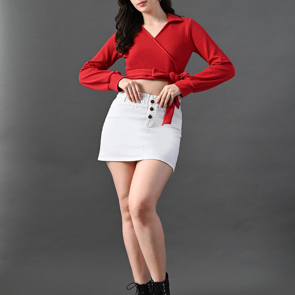 Myshka Women's Stylish Red Wrap Crop Top With Full Sleeves - Distacart