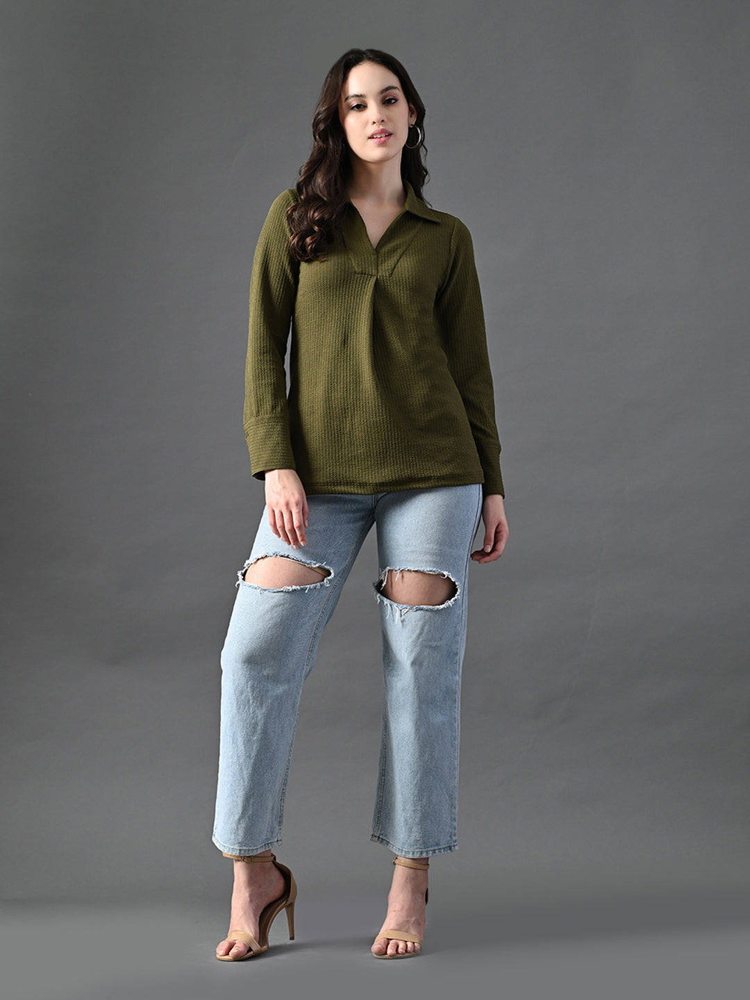 Myshka Women's Classic Olive Green V-Neck Full Sleeve Top For Daily Wear - Distacart