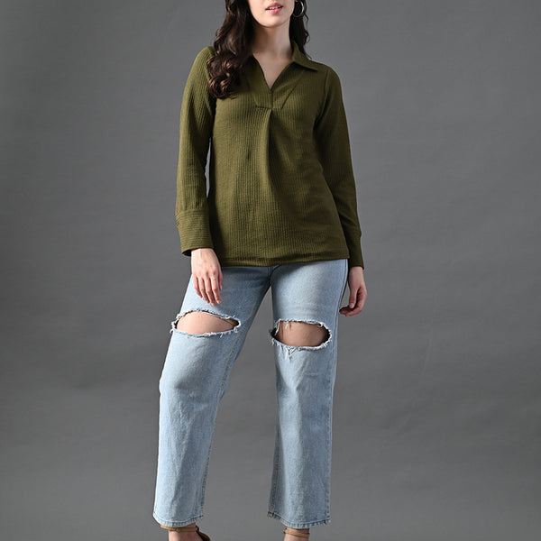 Myshka Women's Classic Olive Green V-Neck Full Sleeve Top For Daily Wear - Distacart