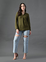 Thumbnail for Myshka Women's Classic Olive Green V-Neck Full Sleeve Top For Daily Wear