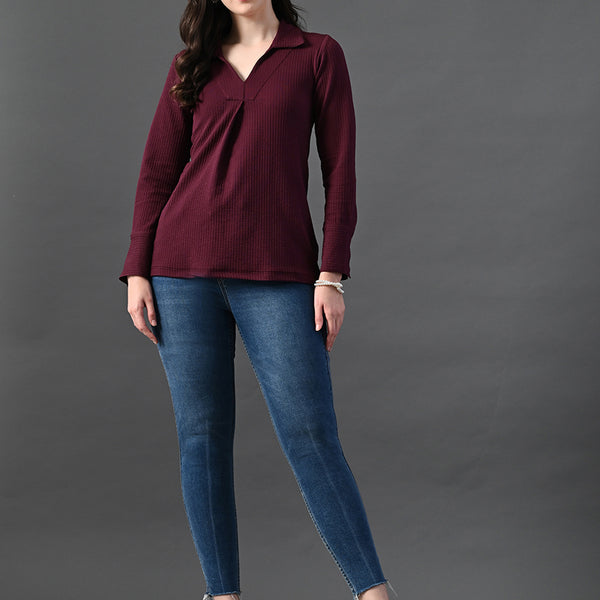 Myshka Women's Classic Magenta V-Neck Full Sleeve Top For Daily Wear - Distacart