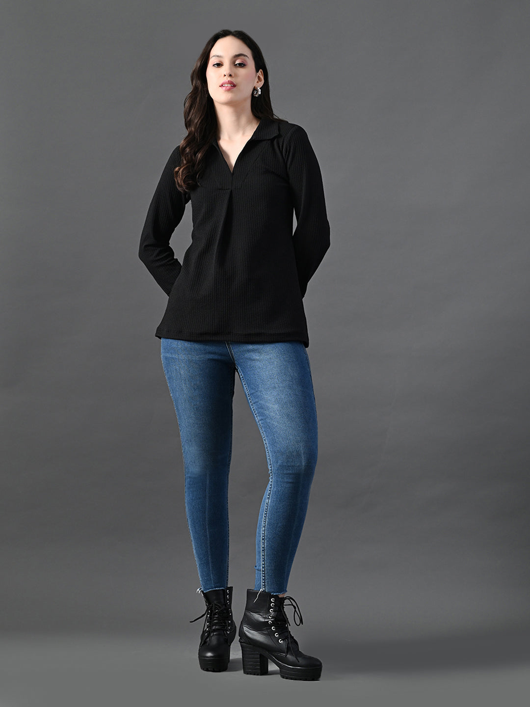 Myshka Women's Classic Black V-Neck Full Sleeve Top For Daily Wear - Distacart