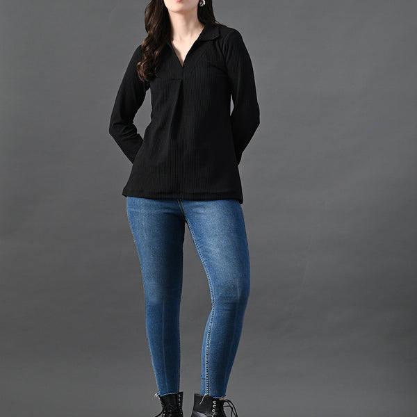 Myshka Women's Classic Black V-Neck Full Sleeve Top For Daily Wear - Distacart