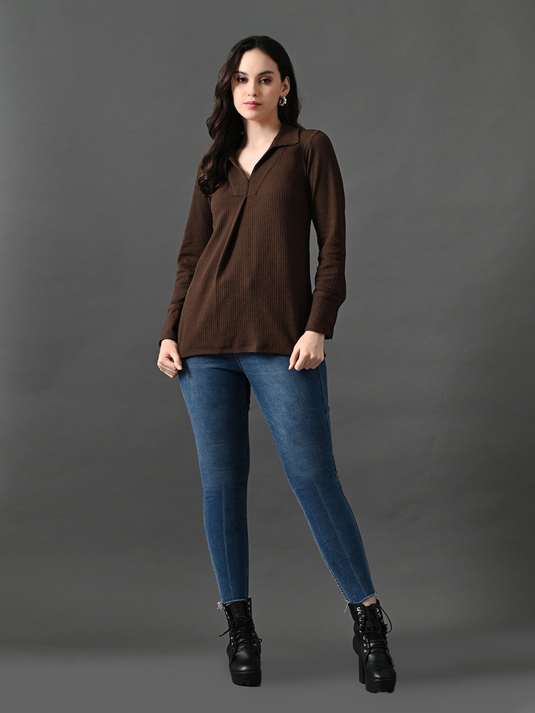 Myshka Women's Classic Coffe Brown V-Neck Full Sleeve Top For Daily Wear - Distacart