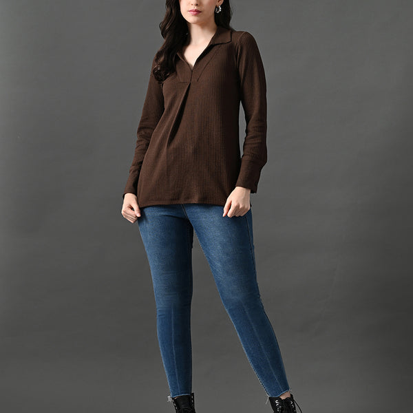 Myshka Women's Classic Coffe Brown V-Neck Full Sleeve Top For Daily Wear - Distacart