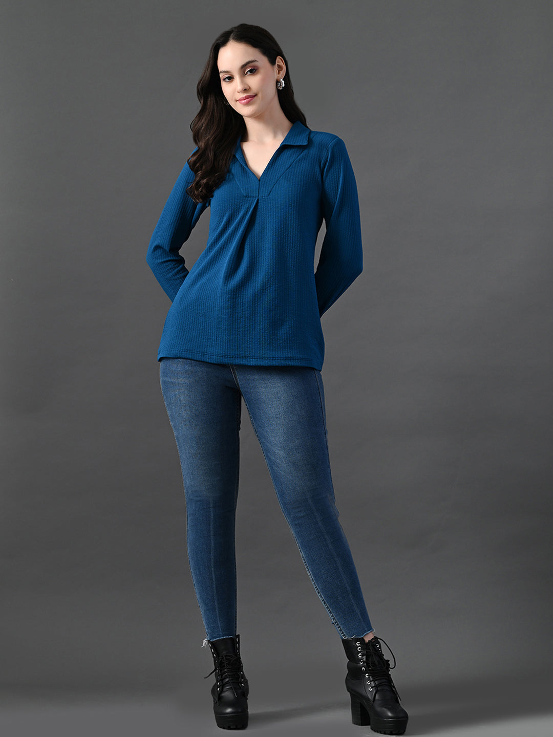 Myshka Women's Classic Blue V-Neck Full Sleeve Top For Daily Wear - Distacart