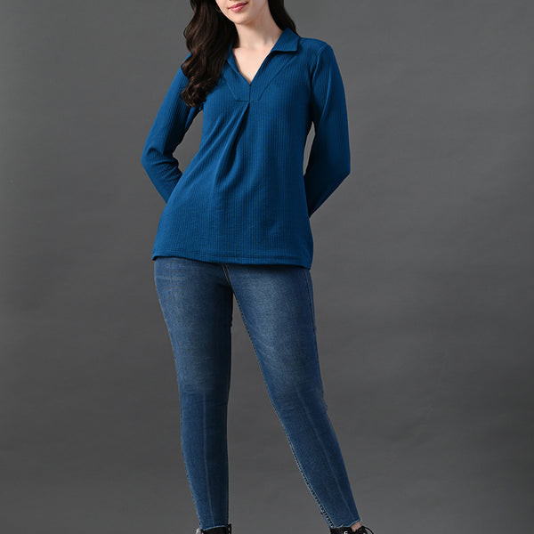 Myshka Women's Classic Blue V-Neck Full Sleeve Top For Daily Wear - Distacart