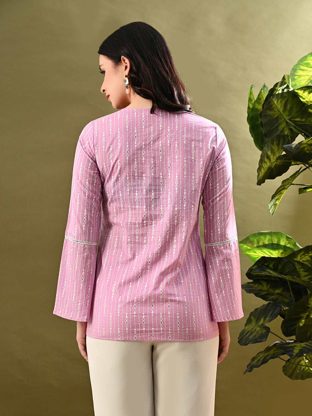 Myshka Women's Pink Printed Tunic With Lace - Distacart