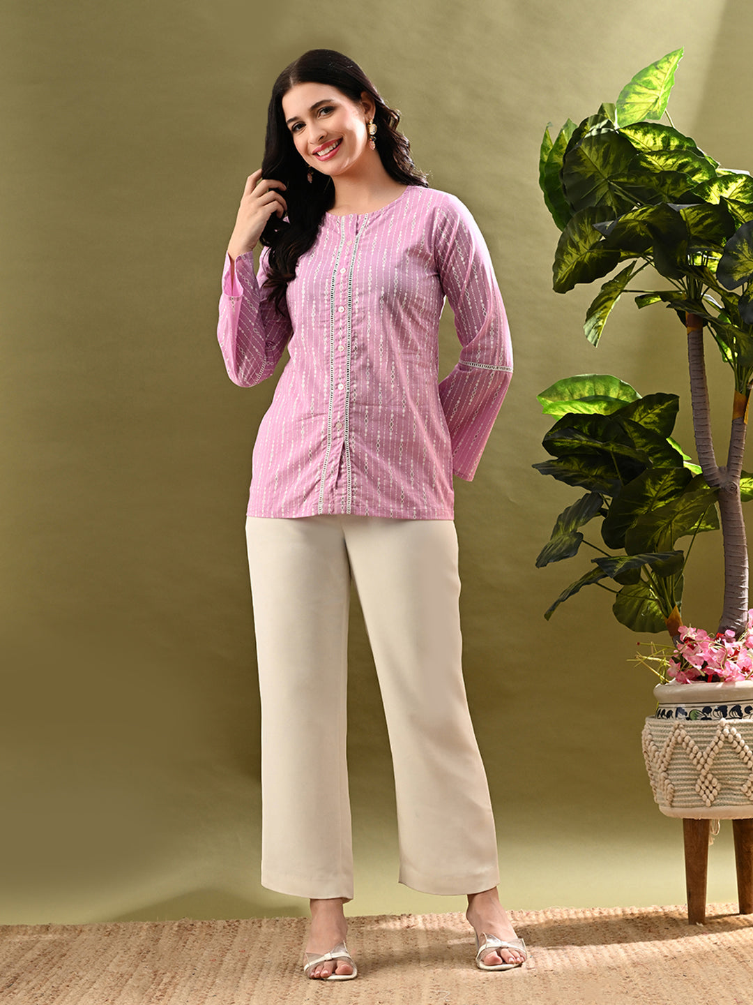 Myshka Women's Pink Printed Tunic With Lace - Distacart