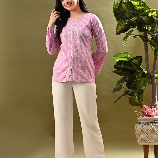 Myshka Women's Pink Printed Tunic With Lace - Distacart