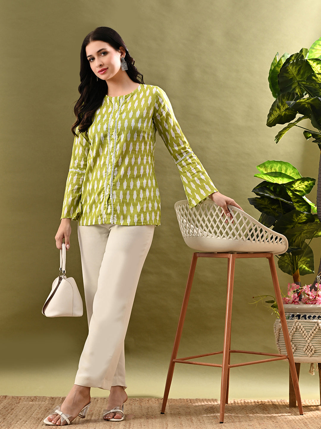 Myshka Women's Green Printed Tunic With Lace - Distacart