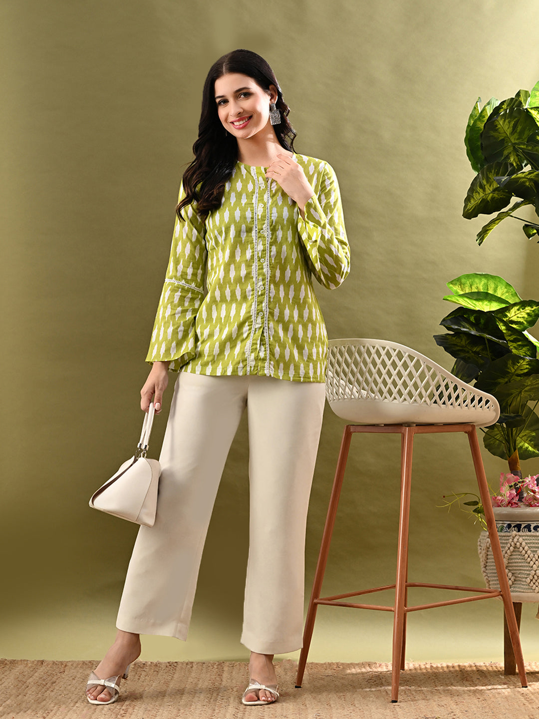 Myshka Women's Green Printed Tunic With Lace - Distacart