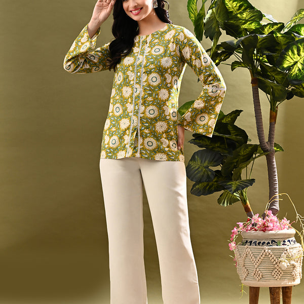 Myshka Women's Green Flower Printed Tunic With Lace - Distacart