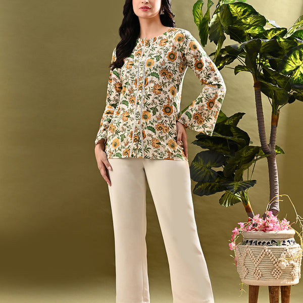 Myshka Women's Green Flower Printed Tunic With Lace - Distacart