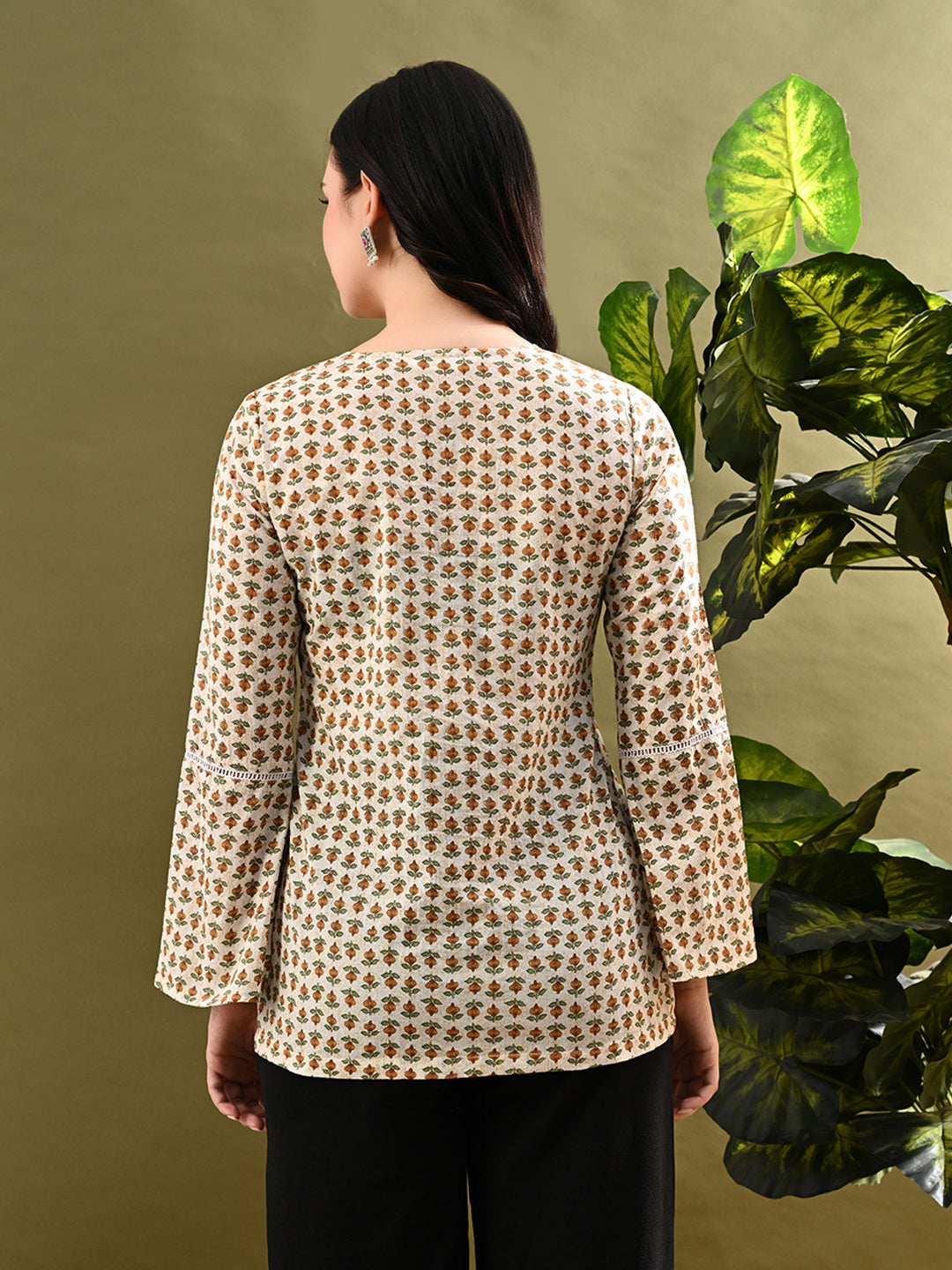 Myshka Women's Green Small Flower Printed Tunic With Lace - Distacart