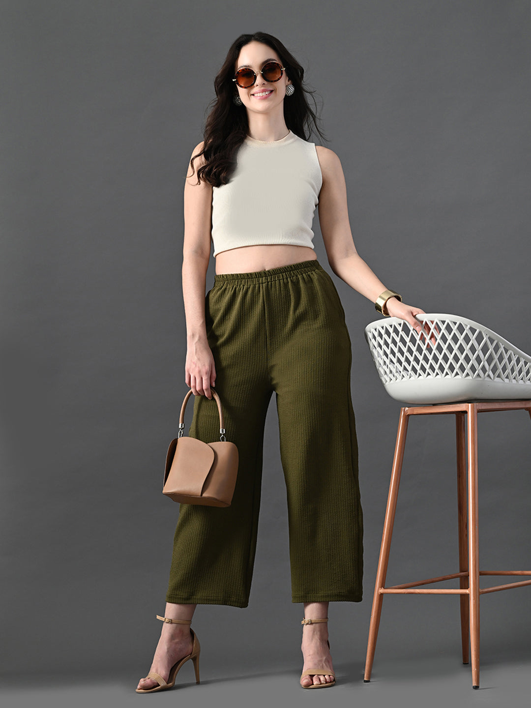 Myshka Women's Olive Traight Fit Party Trouser - Distacart