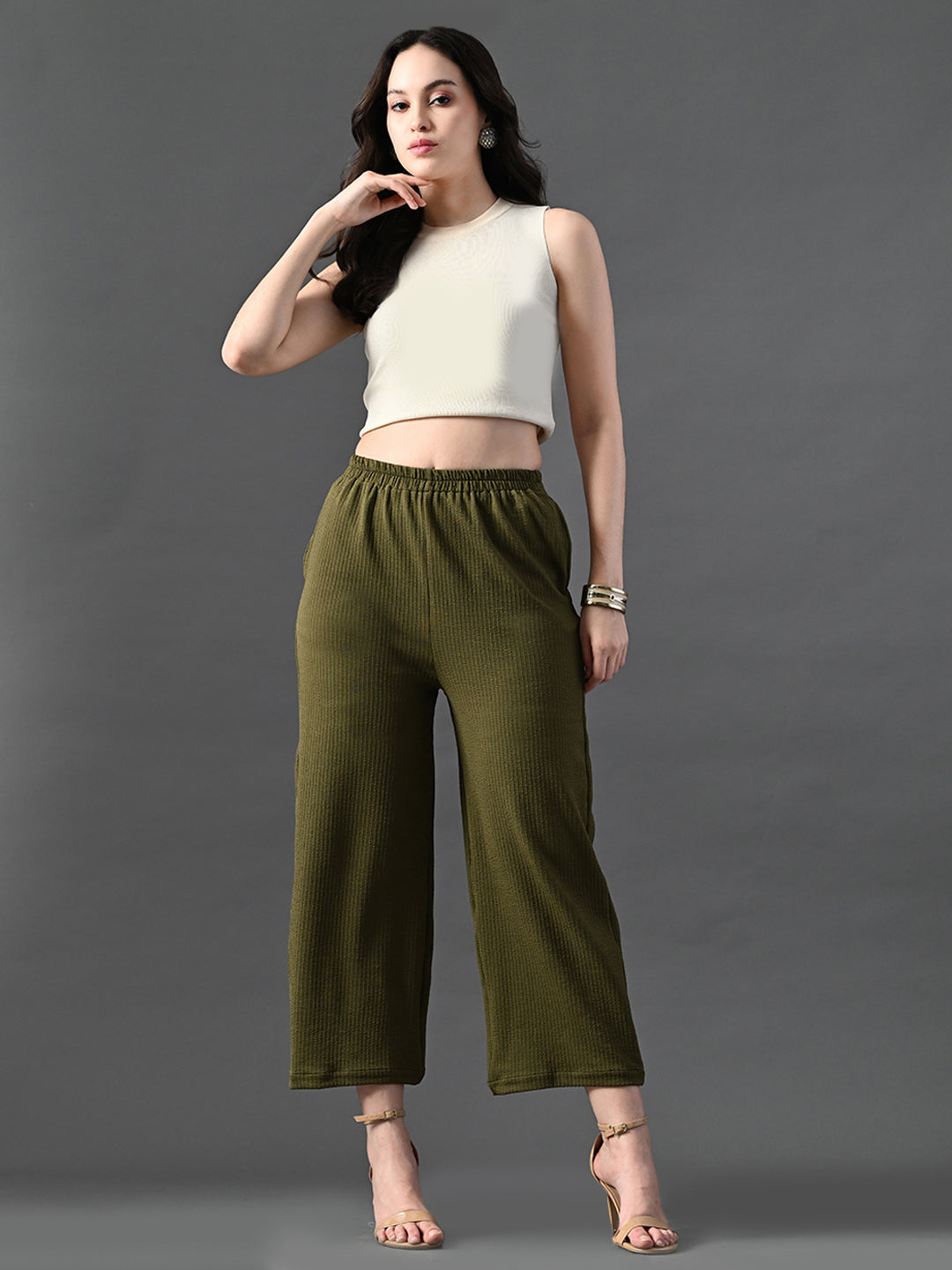 Myshka Women's Olive Traight Fit Party Trouser - Distacart