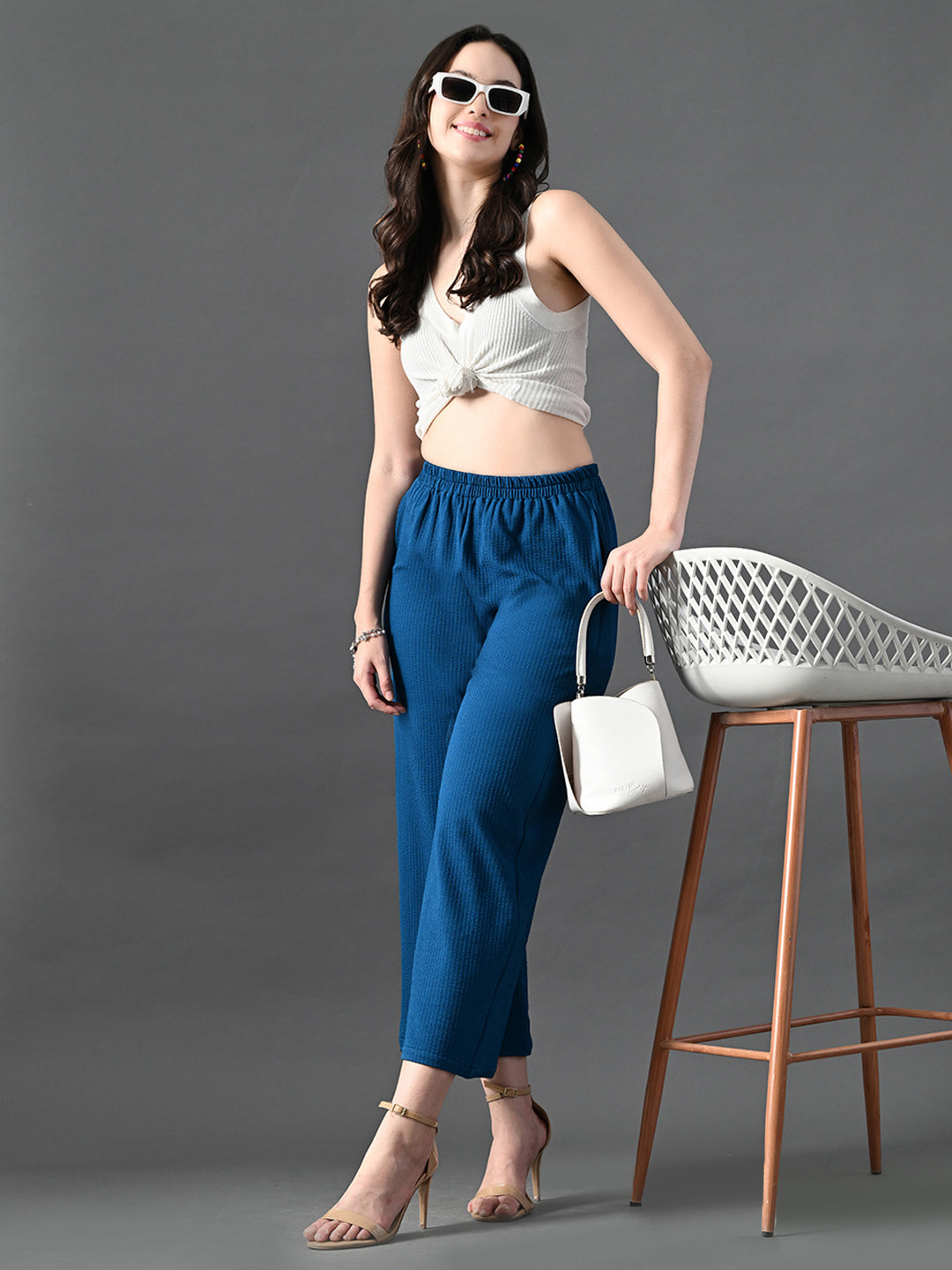 Myshka Women's Blue Traight Fit Party Trouser - Distacart