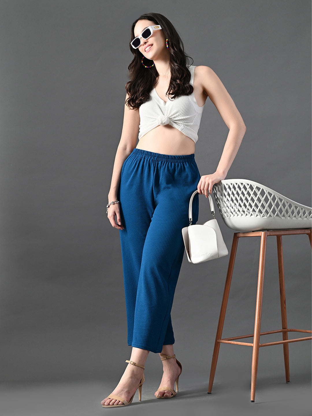 Myshka Women's Blue Traight Fit Party Trouser - Distacart