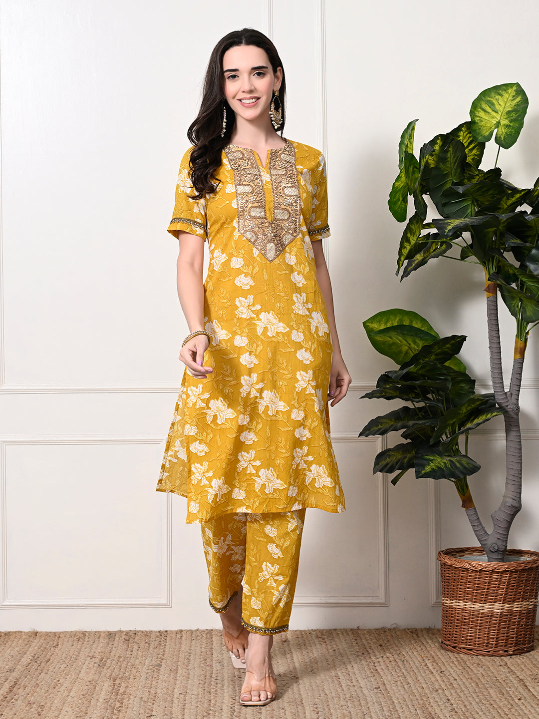 Myshka Women's Cotton Yellow Printed Kurta Set - Distacart
