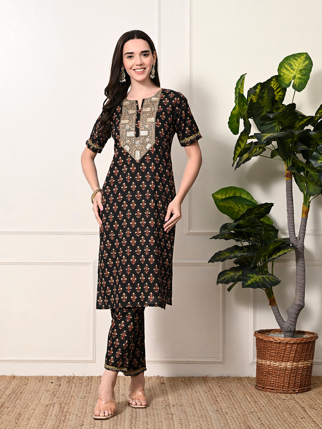 Myshka Women's Cotton Black Printed Kurta Set - Distacart