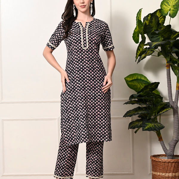 Myshka Women's Cotton Black Printed Kurta Set - Distacart