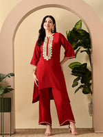 Thumbnail for Myshka Women's Embroidered Keyhole Neck Bell Sleeves Kurta & Palazzos Set With Dupattas In Red Colour