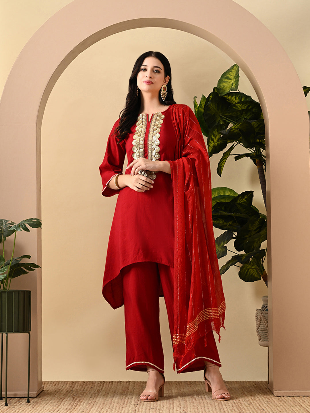 Myshka Women's Embroidered Keyhole Neck Bell Sleeves Kurta & Palazzos Set With Dupattas In Red Colour - Distacart
