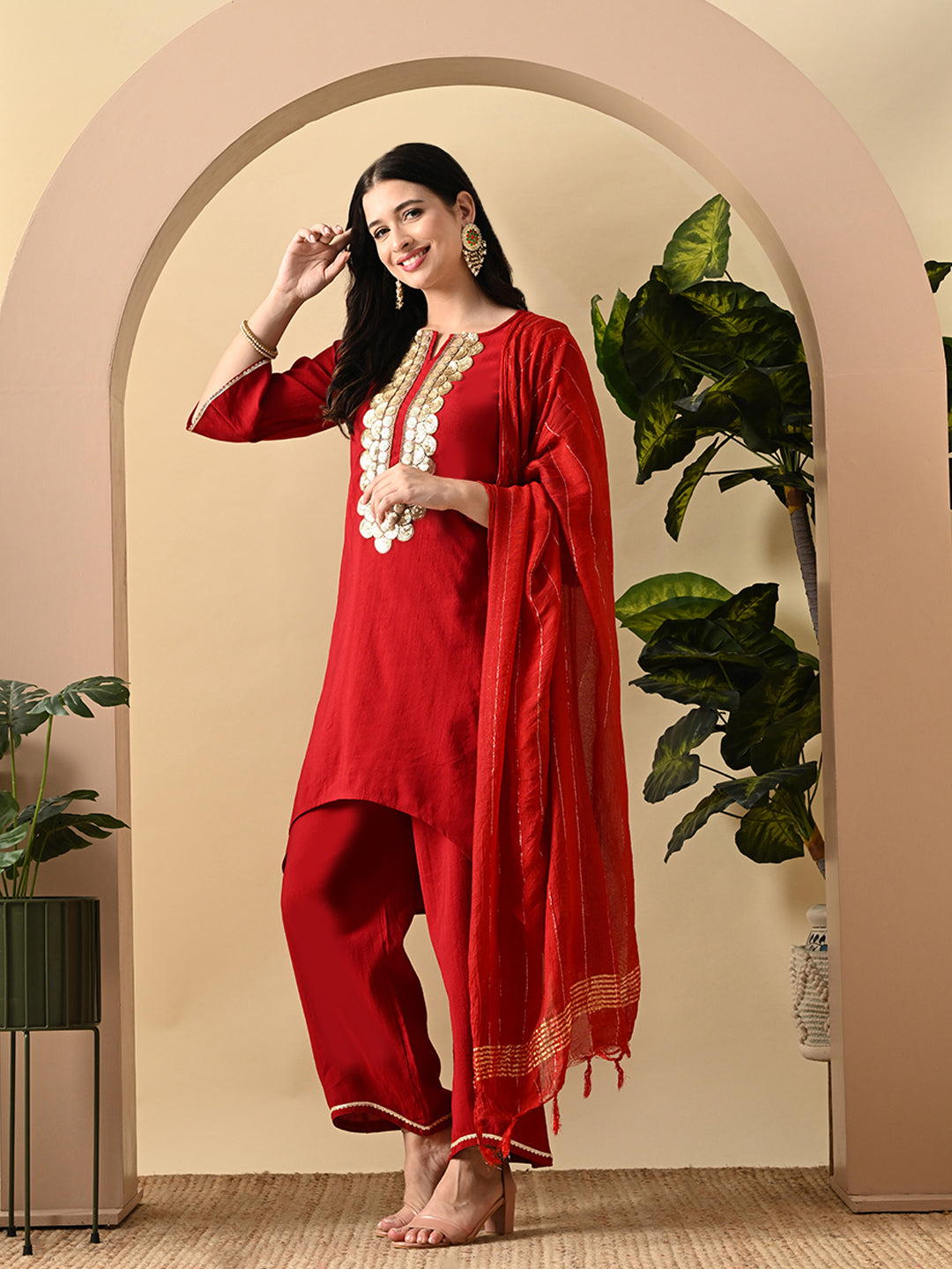 Myshka Women's Embroidered Keyhole Neck Bell Sleeves Kurta & Palazzos Set With Dupattas In Red Colour - Distacart