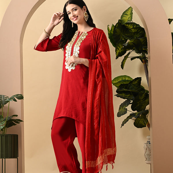 Myshka Women's Embroidered Keyhole Neck Bell Sleeves Kurta & Palazzos Set With Dupattas In Red Colour - Distacart