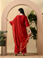 Thumbnail for Myshka Women's Embroidered Keyhole Neck Bell Sleeves Kurta & Palazzos Set With Dupattas In Red Colour