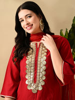 Thumbnail for Myshka Women's Embroidered Keyhole Neck Bell Sleeves Kurta & Palazzos Set With Dupattas In Red Colour
