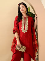 Thumbnail for Myshka Women's Embroidered Keyhole Neck Bell Sleeves Kurta & Palazzos Set With Dupattas In Red Colour