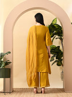 Thumbnail for Myshka Women's Embroidered Keyhole Neck Bell Sleeves Kurta & Palazzos Set With Dupattas In Mustard Colour