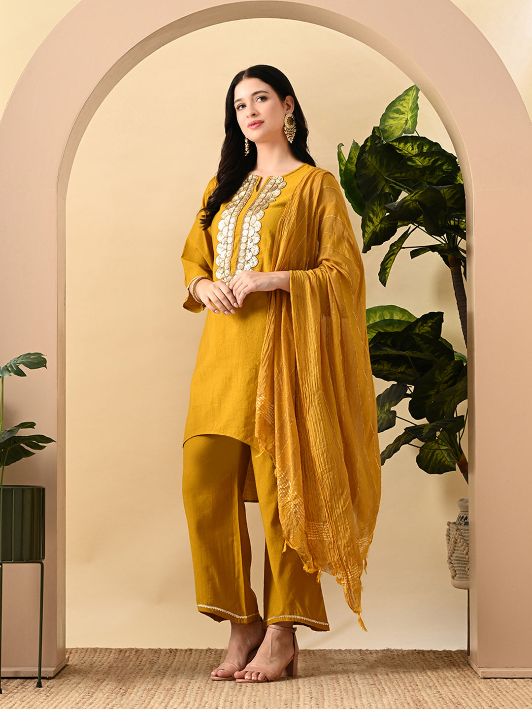 Myshka Women's Embroidered Keyhole Neck Bell Sleeves Kurta & Palazzos Set With Dupattas In Mustard Colour - Distacart