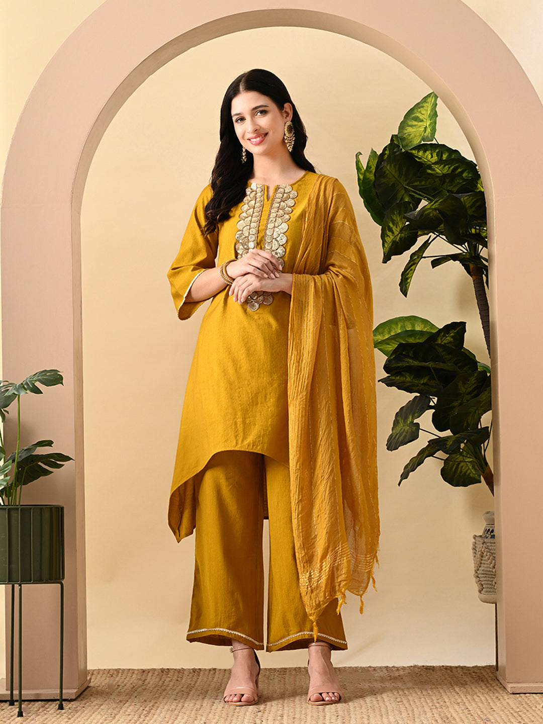 Myshka Women's Embroidered Keyhole Neck Bell Sleeves Kurta & Palazzos Set With Dupattas In Mustard Colour - Distacart