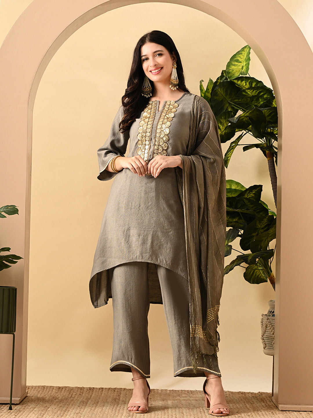 Myshka Women's Embroidered Keyhole Neck Bell Sleeves Kurta & Palazzos Set With Dupattas In Grey Colour - Distacart