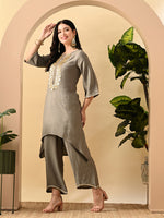 Thumbnail for Myshka Women's Embroidered Keyhole Neck Bell Sleeves Kurta & Palazzos Set With Dupattas In Grey Colour