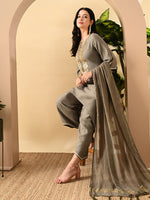 Thumbnail for Myshka Women's Embroidered Keyhole Neck Bell Sleeves Kurta & Palazzos Set With Dupattas In Grey Colour