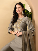 Thumbnail for Myshka Women's Embroidered Keyhole Neck Bell Sleeves Kurta & Palazzos Set With Dupattas In Grey Colour